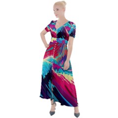 Tsunami Waves Ocean Sea Nautical Nature Water Blue Pink Button Up Short Sleeve Maxi Dress by Jancukart