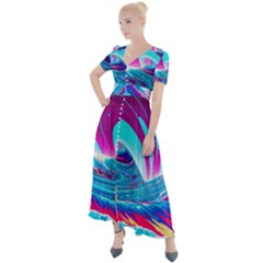 Tsunami Waves Ocean Sea Nautical Nature Water 3 Button Up Short Sleeve Maxi Dress by Jancukart