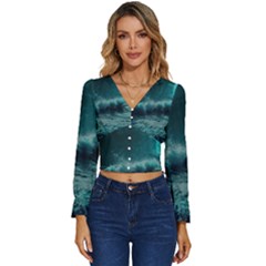 Waves Ocean Sea Tsunami Nautical 2 Long Sleeve V-neck Top by Jancukart