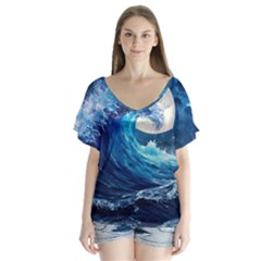 Tsunami Waves Ocean Sea Nautical Nature Water Moon V-neck Flutter Sleeve Top by Jancukart