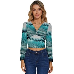 Tsunami Waves Ocean Sea Nautical Nature Water Blue Black Long Sleeve V-neck Top by Jancukart
