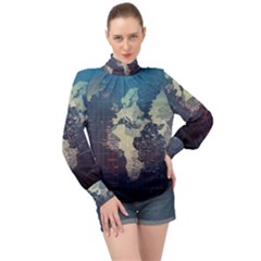 Vintage World Map Illustration Artwork Water Drop Digital Art Arts High Neck Long Sleeve Chiffon Top by Sudheng