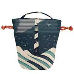 Lighthouse Abstract Ocean Sea Waves Water Blue Drawstring Bucket Bag by Wegoenart