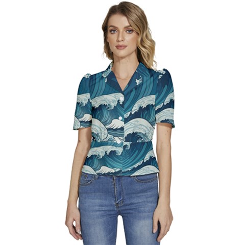 Waves Ocean Sea Pattern Water Tsunami Rough Seas Puffed Short Sleeve Button Up Jacket by Wegoenart