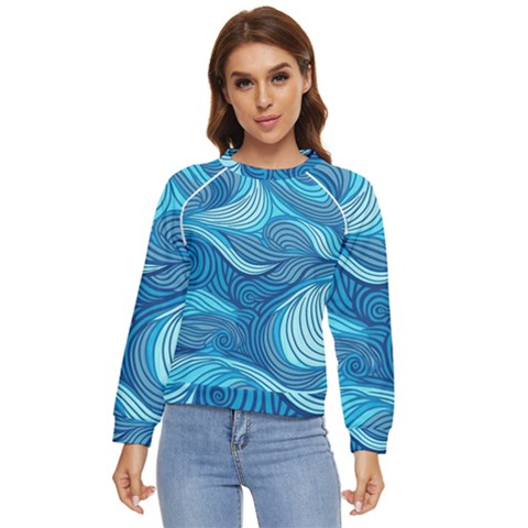 Ocean Waves Sea Abstract Pattern Water Blue Women s Long Sleeve Raglan Tee by Wegoenart