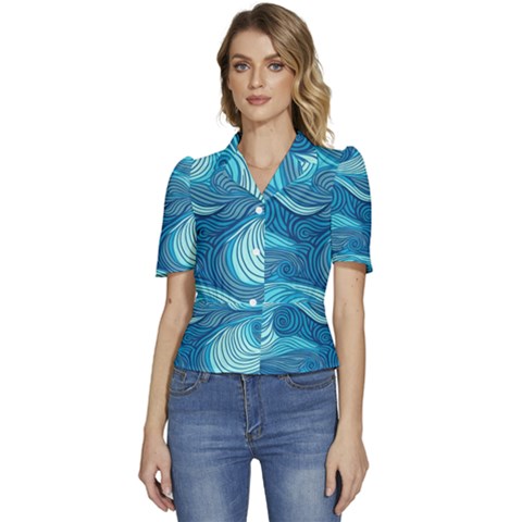 Ocean Waves Sea Abstract Pattern Water Blue Puffed Short Sleeve Button Up Jacket by Wegoenart
