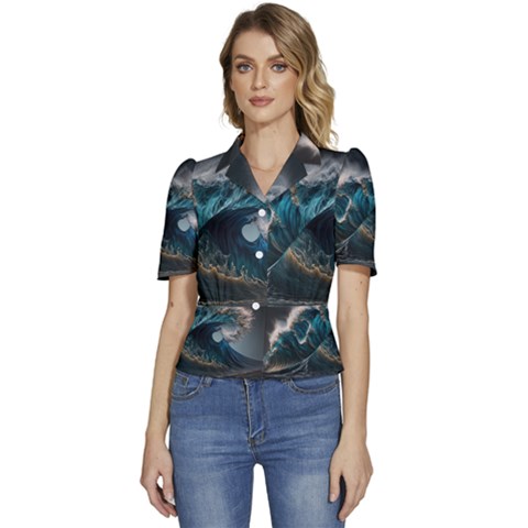 Tsunami Waves Ocean Sea Water Rough Seas Nature Puffed Short Sleeve Button Up Jacket by Wegoenart