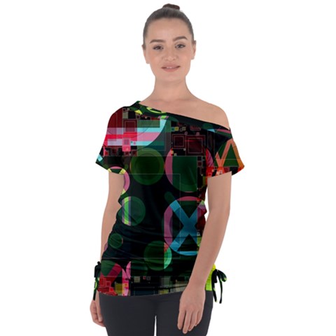 Abstract Color Texture Creative Off Shoulder Tie-up Tee by Uceng