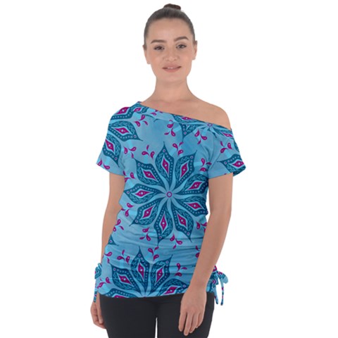 Flower Template Mandala Nature Blue Sketch Drawing Off Shoulder Tie-up Tee by Uceng