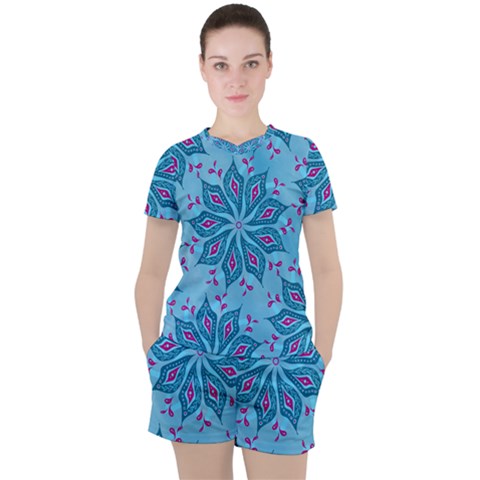 Flower Template Mandala Nature Blue Sketch Drawing Women s Tee And Shorts Set by Uceng