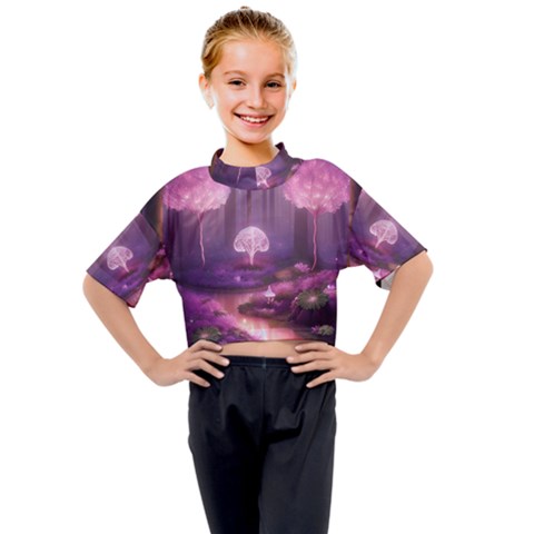 Trees Forest Landscape Nature Neon Kids Mock Neck Tee by Uceng