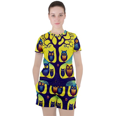 Owl Animal Cartoon Drawing Tree Nature Landscape Women s Tee And Shorts Set by Uceng