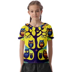 Owl Animal Cartoon Drawing Tree Nature Landscape Kids  Frill Chiffon Blouse by Uceng
