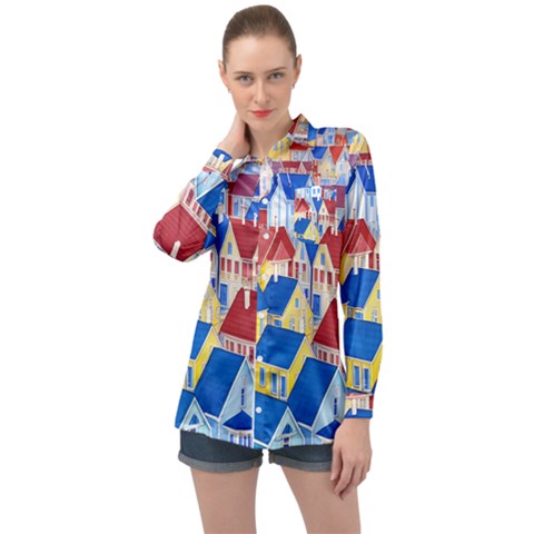 City Houses Cute Drawing Landscape Village Long Sleeve Satin Shirt by Uceng