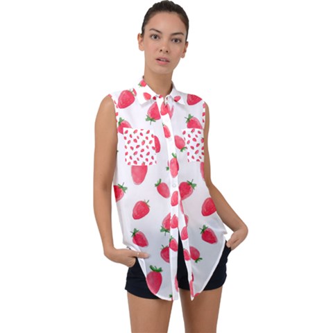 Strawberry Sleeveless Chiffon Button Shirt by SychEva
