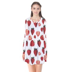 Strawberry Watercolor Long Sleeve V-neck Flare Dress by SychEva