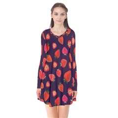 Strawberry On Black Long Sleeve V-neck Flare Dress by SychEva