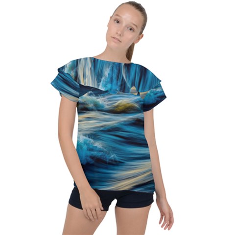 Waves Wave Water Blue Sea Ocean Abstract Ruffle Collar Chiffon Blouse by Salman4z