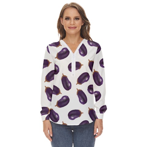 Eggplant Zip Up Long Sleeve Blouse by SychEva