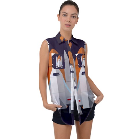 Rocket Space Universe Spaceship Sleeveless Chiffon Button Shirt by Salman4z