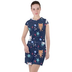 Cute Astronaut Cat With Star Galaxy Elements Seamless Pattern Drawstring Hooded Dress by Salman4z
