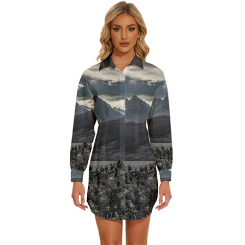 Nature s Symphony: A Portrait Of Ushuaia s Wild Beauty  Womens Long Sleeve Shirt Dress by dflcprintsclothing