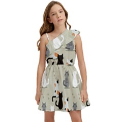 Cute Cat Seamless Pattern Kids  One Shoulder Party Dress by Salman4z