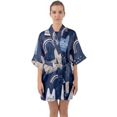 Colorful Cute Cat Seamless Pattern Half Sleeve Satin Kimono  by Salman4z