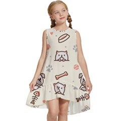 Pug Dog Cat With Bone Fish Bones Paw Prints Ball Seamless Pattern Vector Background Kids  Frill Swing Dress by Salman4z