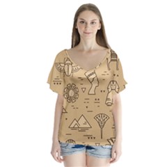 Egyptian-seamless-pattern-symbols-landmarks-signs-egypt V-neck Flutter Sleeve Top by Salman4z