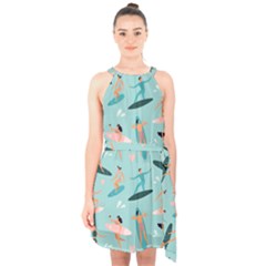 Beach-surfing-surfers-with-surfboards-surfer-rides-wave-summer-outdoors-surfboards-seamless-pattern- Halter Collar Waist Tie Chiffon Dress by Salman4z