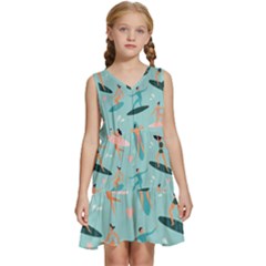 Beach-surfing-surfers-with-surfboards-surfer-rides-wave-summer-outdoors-surfboards-seamless-pattern- Kids  Sleeveless Tiered Mini Dress by Salman4z