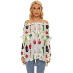 Vegetable Off Shoulder Chiffon Pocket Shirt by SychEva