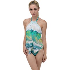 Waves Ocean Sea Tsunami Nautical Painting Go With The Flow One Piece Swimsuit by Ravend