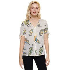 Vector-boho-doodle-feathers-seamless-pattern-illustration Bow Sleeve Button Up Top by Salman4z