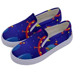 Cartoon-funny-aliens-with-ufo-duck-starry-sky-set Kids  Canvas Slip Ons by Salman4z