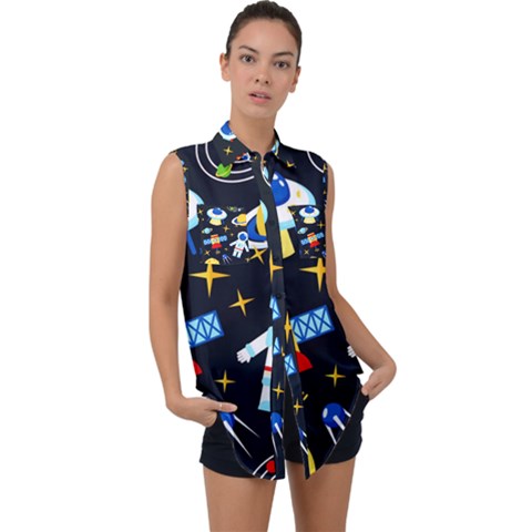 Space Seamless Pattern Sleeveless Chiffon Button Shirt by Salman4z