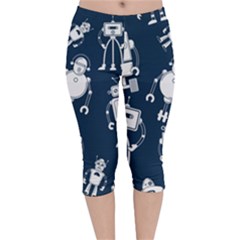 White-robot-blue-seamless-pattern Velvet Capri Leggings  by Salman4z