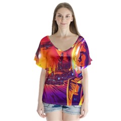 Far-future-human-colonization V-neck Flutter Sleeve Top by Salman4z