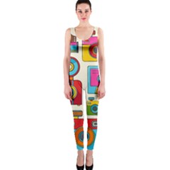 Retro-cameras-audio-cassettes-hand-drawn-pop-art-style-seamless-pattern One Piece Catsuit by Salman4z