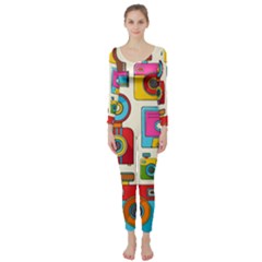 Retro-cameras-audio-cassettes-hand-drawn-pop-art-style-seamless-pattern Long Sleeve Catsuit by Salman4z