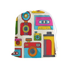 Retro-cameras-audio-cassettes-hand-drawn-pop-art-style-seamless-pattern Drawstring Pouch (xl) by Salman4z