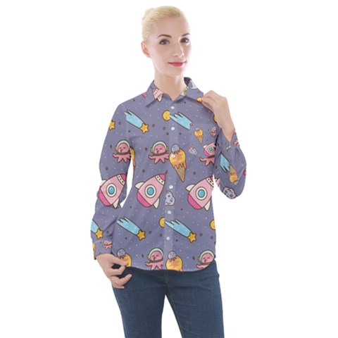 Outer-space-seamless-background Women s Long Sleeve Pocket Shirt by Salman4z