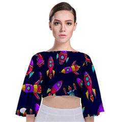 Space-patterns Tie Back Butterfly Sleeve Chiffon Top by Salman4z