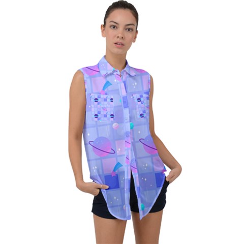 Seamless-pattern-pastel-galaxy-future Sleeveless Chiffon Button Shirt by Salman4z