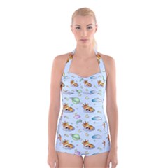 Pattern Giraffe Animal Seamless Scrapbooking Blue Boyleg Halter Swimsuit  by pakminggu