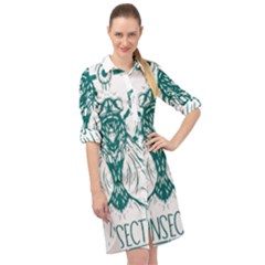 Green Insect Bee Illustration Long Sleeve Mini Shirt Dress by pakminggu