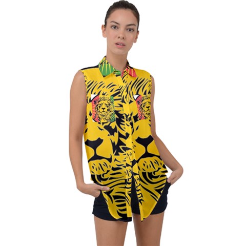 Lion Head Africa Rasta Sleeveless Chiffon Button Shirt by Mog4mog4