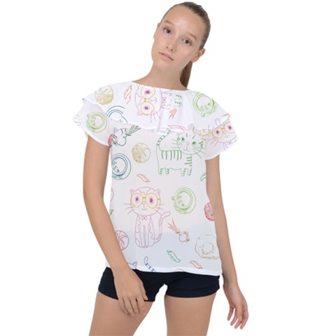 Cats And Food Doodle Seamless Pattern Ruffle Collar Chiffon Blouse by Bakwanart