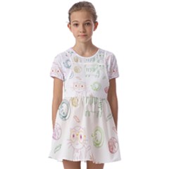 Cats And Food Doodle Seamless Pattern Kids  Short Sleeve Pinafore Style Dress by Bakwanart